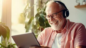 Senior man wearing headphones making a video call on a tablet photo