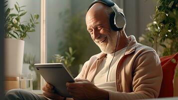 Senior man wearing headphones making a video call on a tablet photo