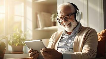 Senior man wearing headphones making a video call on a tablet photo