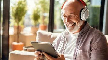 Senior man wearing headphones making a video call on a tablet photo