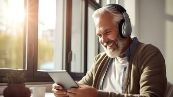 Senior man wearing headphones making a video call on a tablet photo