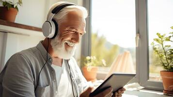 Senior man wearing headphones making a video call on a tablet photo