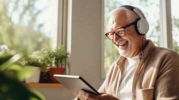 Senior man wearing headphones making a video call on a tablet photo
