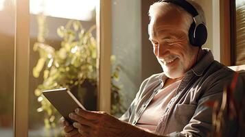 Senior man wearing headphones making a video call on a tablet photo