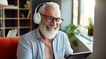 Senior man wearing headphones making a video call on a tablet photo