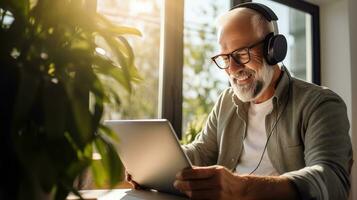 Senior man wearing headphones making a video call on a tablet photo