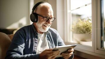 Senior man wearing headphones making a video call on a tablet photo