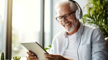 Senior man wearing headphones making a video call on a tablet photo