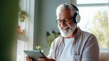 Senior man wearing headphones making a video call on a tablet photo