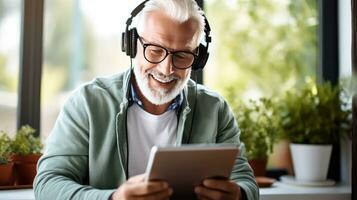 Senior man wearing headphones making a video call on a tablet photo