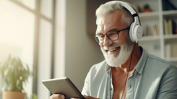 Senior man wearing headphones making a video call on a tablet photo