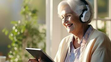 Senior man wearing headphones making a video call on a tablet photo