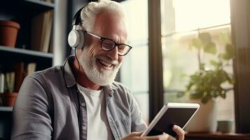 Senior man wearing headphones making a video call on a tablet photo