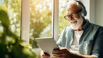 Senior man wearing headphones making a video call on a tablet photo