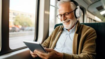 Senior man wearing headphones making a video call on a tablet photo