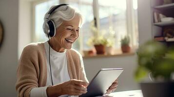 Senior man wearing headphones making a video call on a tablet photo