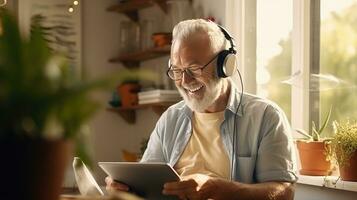 Senior man wearing headphones making a video call on a tablet photo