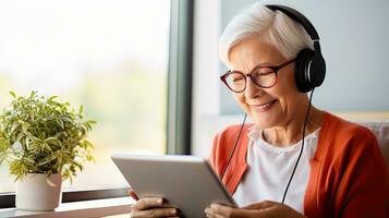 Senior woman wearing headphones making a video call on a tablet photo