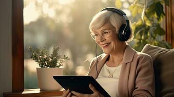 Senior woman wearing headphones making a video call on a tablet photo