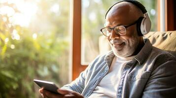 Senior man wearing headphones making a video call on a tablet photo