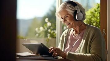 Senior woman wearing headphones making a video call on a tablet photo