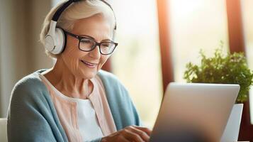 Senior woman wearing headphones making a video call on a tablet photo