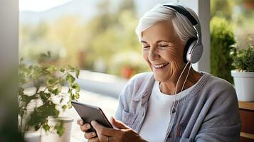 Senior woman wearing headphones making a video call on a tablet photo