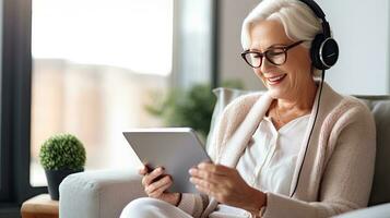 Senior woman wearing headphones making a video call on a tablet photo