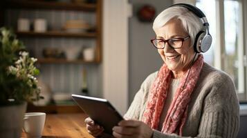 Senior woman wearing headphones making a video call on a tablet photo