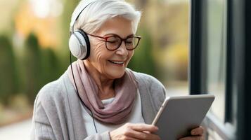 Senior woman wearing headphones making a video call on a tablet photo