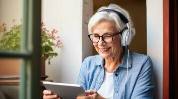Senior man wearing headphones making a video call on a tablet photo