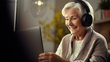 Senior woman wearing headphones making a video call on a tablet photo