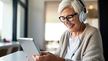 Senior woman wearing headphones making a video call on a tablet photo