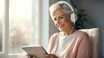 Senior woman wearing headphones making a video call on a tablet photo
