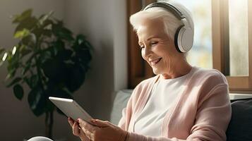 Senior woman wearing headphones making a video call on a tablet photo