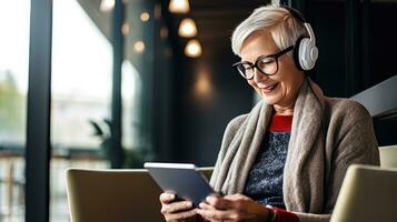 Senior woman wearing headphones making a video call on a tablet photo