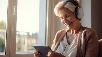 Senior woman wearing headphones making a video call on a tablet photo