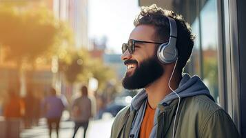 Smiling bearded man listening to music through wireless headphones photo