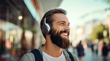 Smiling bearded man listening to music through wireless headphones photo