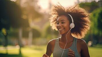 Smiling black woman in sports clothes running in a green park enjoying listening to music with wireless headphones close-up photo