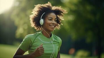 Smiling black woman in sports clothes running in a green park enjoying listening to music with wireless headphones close-up photo