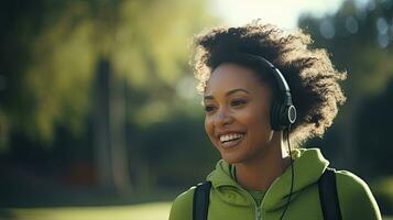 Smiling black woman in sports clothes running in a green park enjoying listening to music with wireless headphones close-up photo