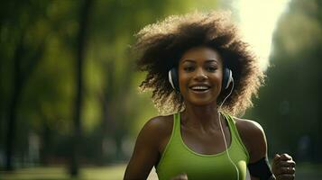 Smiling black woman in sports clothes running in a green park enjoying listening to music with wireless headphones close-up photo