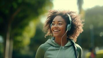 sonriente negro mujer en Deportes ropa corriendo en un verde parque disfrutando escuchando a música con inalámbrico auriculares de cerca foto