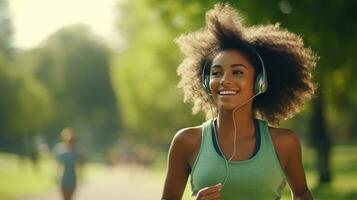 Smiling black woman in sports clothes running in a green park enjoying listening to music with wireless headphones close-up photo