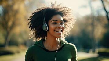 sonriente negro mujer en Deportes ropa corriendo en un verde parque disfrutando escuchando a música con inalámbrico auriculares de cerca foto