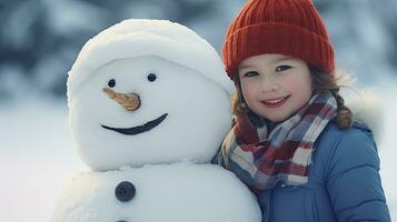 Smiling young woman with snowman on white Christmas in winter snow photo