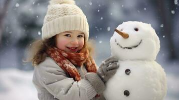 Smiling young woman with snowman on white Christmas in winter snow photo