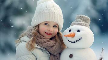 Smiling young woman with snowman on white Christmas in winter snow photo