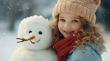 Smiling young woman with snowman on white Christmas in winter snow photo